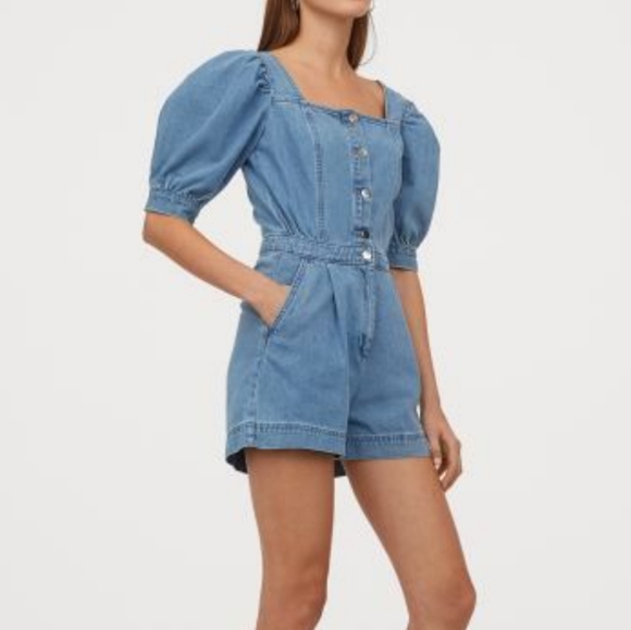 H&M Denim Square neckline and puff sleeves Romper